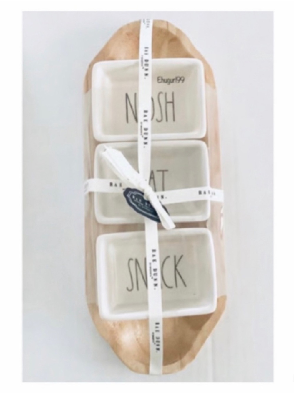 NEW Rae Dunn White Ceramic Bowls with Wood Tray Nosh, Eat & Snack
